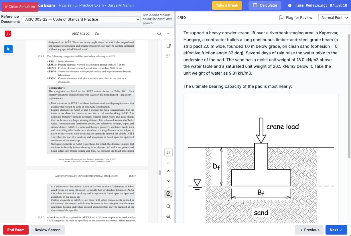 PEwise practice exam simulator showing a bearing-capacity question beside the searchable AISC reference document, with an exam timer and calculator