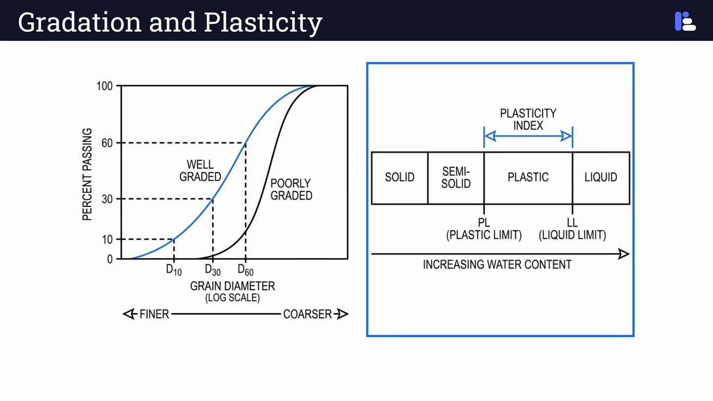 PEwise FE Civil lesson on gradation and plasticity: a grain-size distribution curve beside the plasticity chart