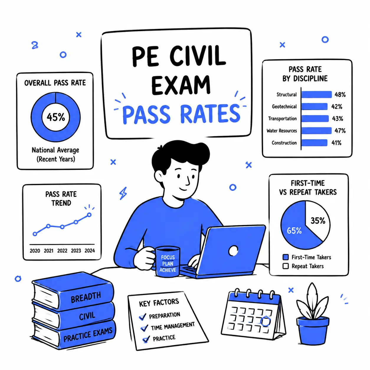 Civil Engineering PE exam first-time pass rates by subdiscipline for 2025 showing 58-70% success rates