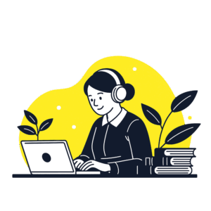Cartoon person with headphones at a desk with a laptop, books, and a plant, next to a list of PEwise features for the PE Civil Geotechnical Exam.