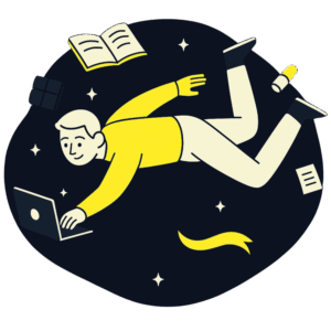 Cartoon person in yellow shirt floating with laptop, surrounded by books and stars, next to text about PEwise for the PE Civil Geotechnical Exam.
